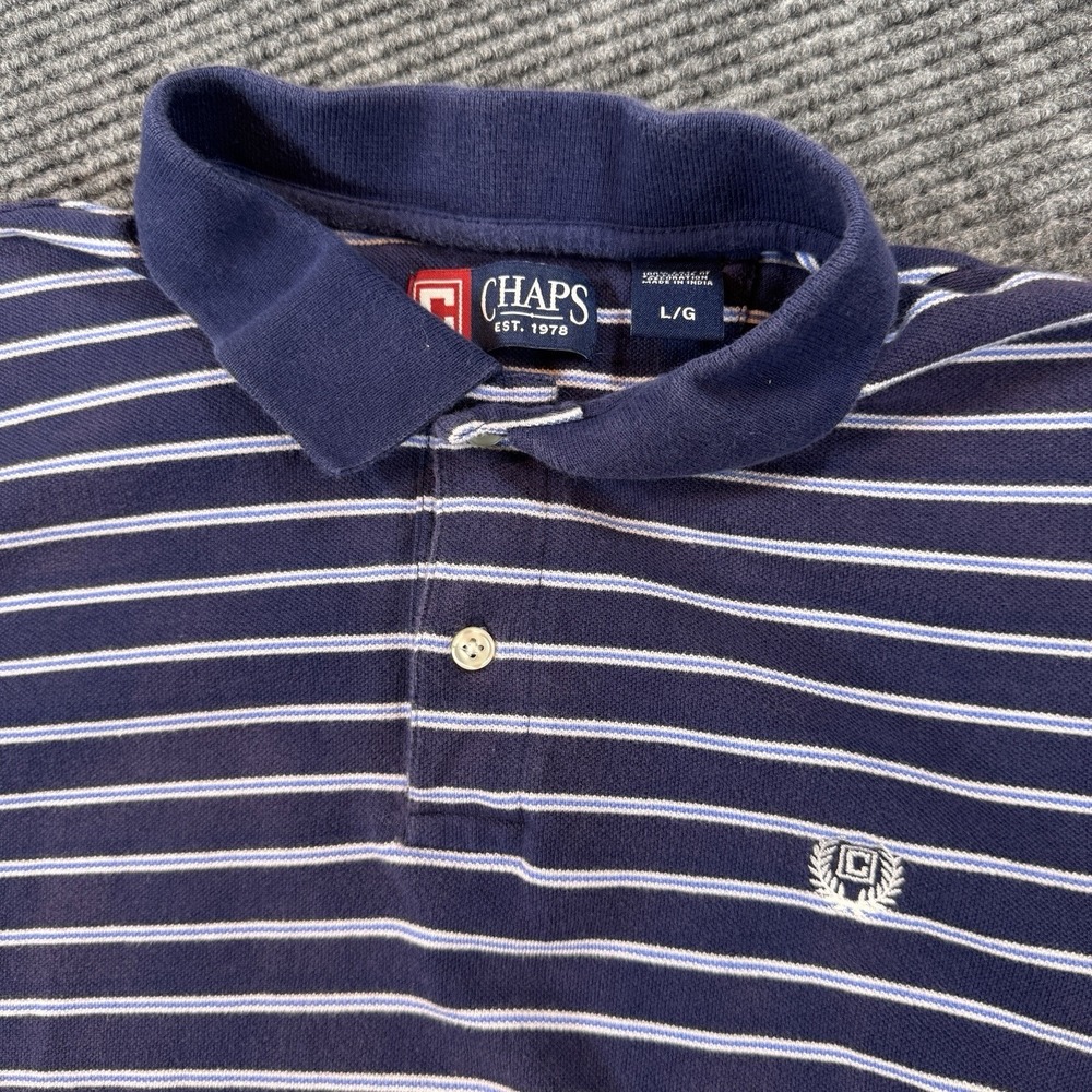 Chaps‎ Polo Men's L White Blue Striped Cotton Short Sleeve Casual Shirt